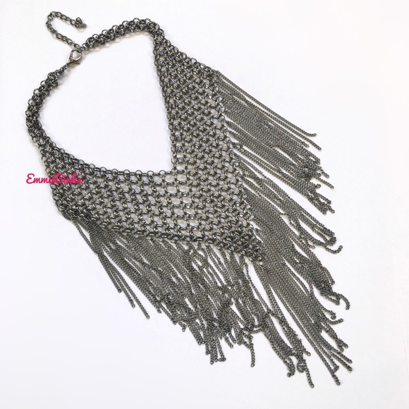 New Maximalist Chainmail Style Fringe Bib Statement Necklace - Picture 5 of 16